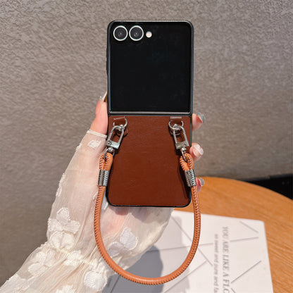 Chic Glossy Leather Z Flip Case with Wrist Strap
