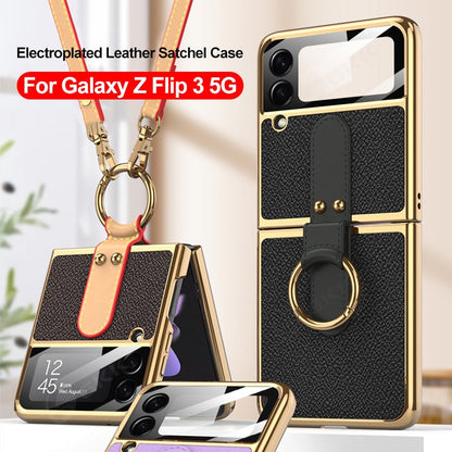 Luxury Leather Back Screen Tempered Glass Hard Frame Cover For Samsung Z Flip 4 5G With Lanyard