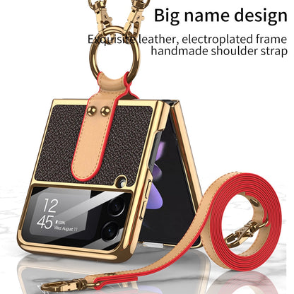 Luxury Leather Back Screen Tempered Glass Hard Frame Cover For Samsung Z Flip 4 5G With Lanyard