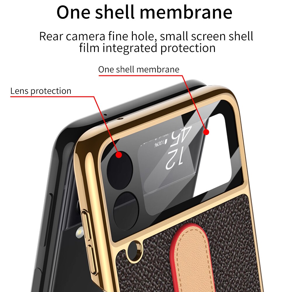 Luxury Leather Back Screen Tempered Glass Hard Frame Cover For Samsung Z Flip 4 5G With Lanyard