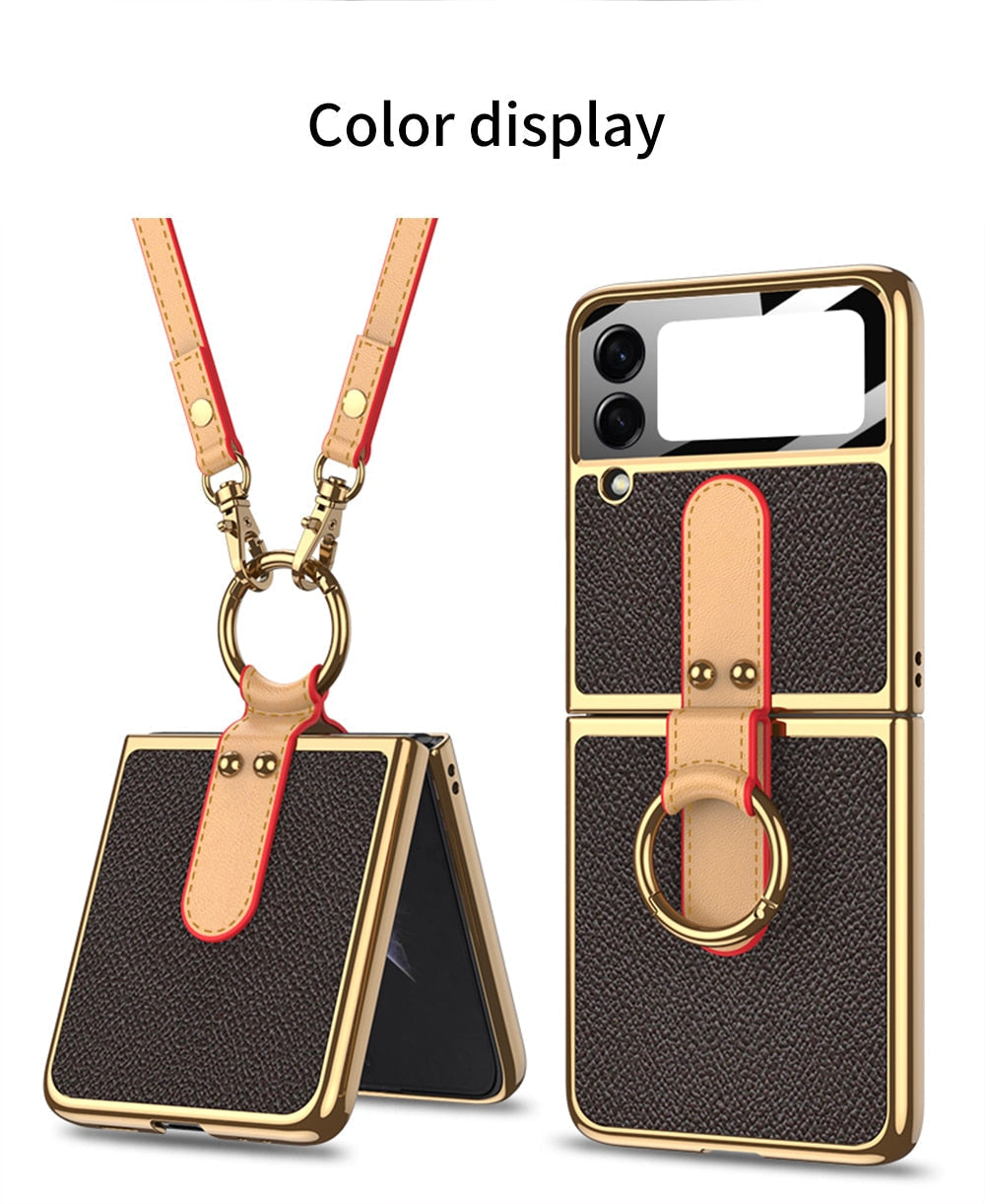 Luxury Leather Back Screen Tempered Glass Hard Frame Cover For Samsung Z Flip 4 5G With Lanyard