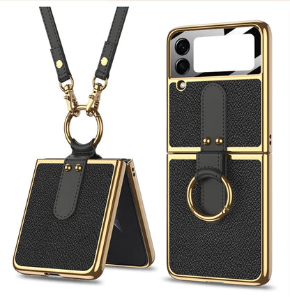 Luxury Leather Back Screen Tempered Glass Hard Frame Cover For Samsung Z Flip 4 5G With Lanyard