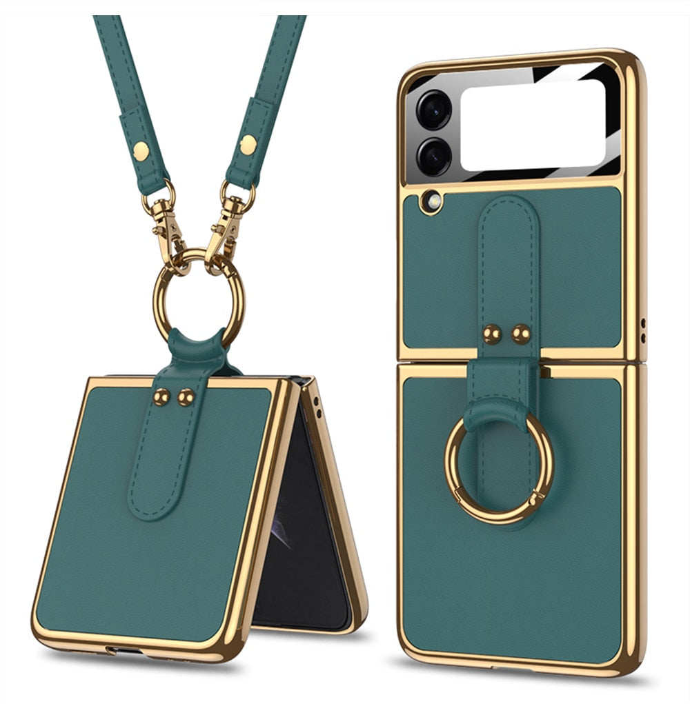 Luxury Leather Back Screen Tempered Glass Hard Frame Cover For Samsung Z Flip 4 5G With Lanyard