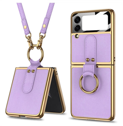 Luxury Leather Back Screen Tempered Glass Hard Frame Cover For Samsung Z Flip 4 5G With Lanyard
