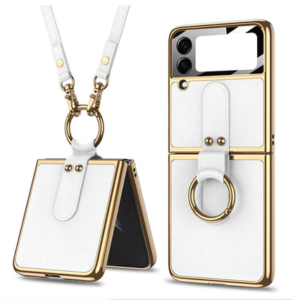 Luxury Leather Back Screen Tempered Glass Hard Frame Cover For Samsung Z Flip 4 5G With Lanyard