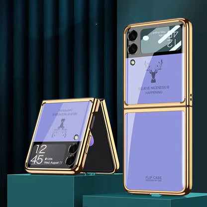 Luxury Deer Pattern Electroplating Tempered Glass Case For Samsung Z Flip 4 5G