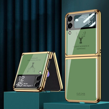 Luxury Deer Pattern Electroplating Tempered Glass Case For Samsung Z Flip 4 5G