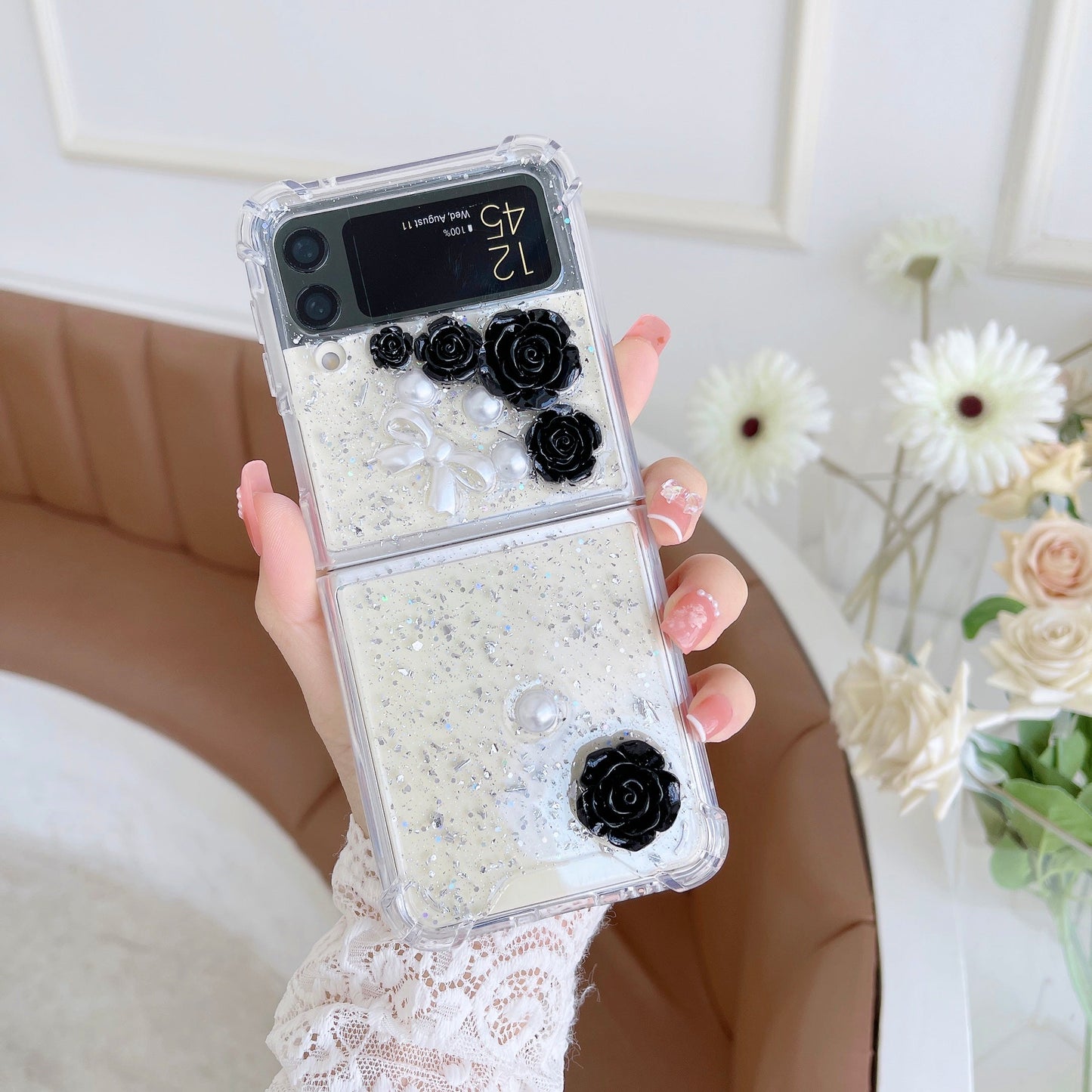 Transparent 3D Rose Glitter Case For Galaxy Z Flip 4
