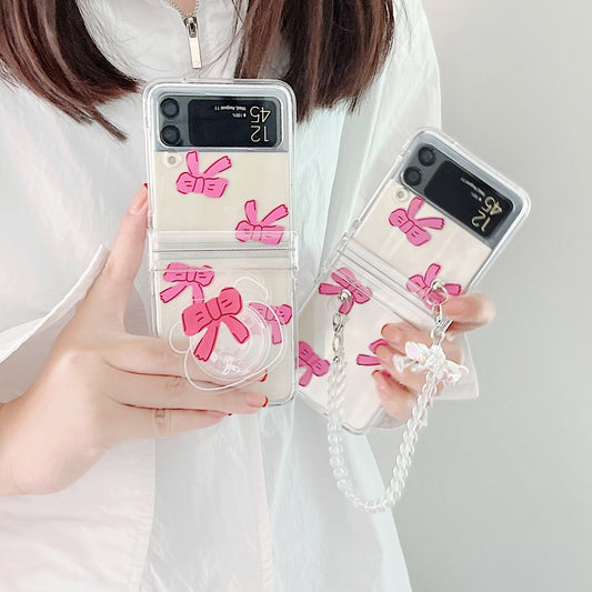 Transparent Pink Bow With Bracelet Case For Galaxy Z FLIP 4 5G
