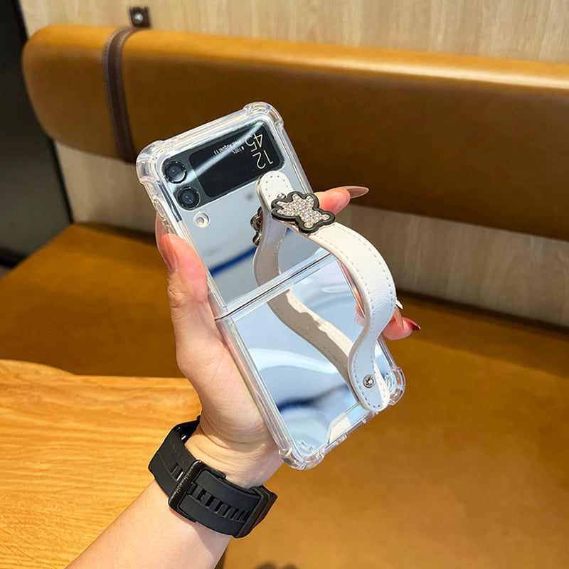 Mirror Case With Leather Wrist Strap Stand For Galaxy Z Flip 4 5G