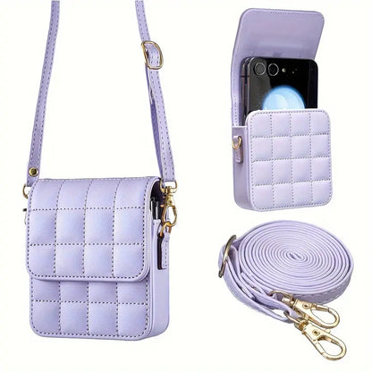 Luxury Crossbody Phone Bag for Samsung Galaxy Z Flip Series – Quilted PU Leather Case with Shoulder Strap