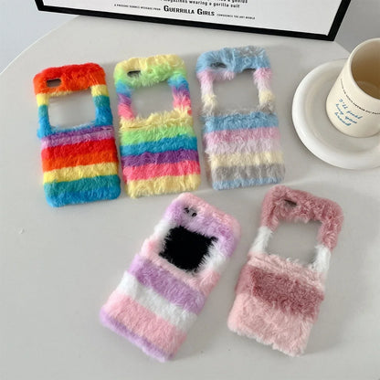Cute Fluffy Fur Rainbow Pattern Unbreakable Case for Samsung Galaxy Z Flip 4 / 5 / 6 / 7