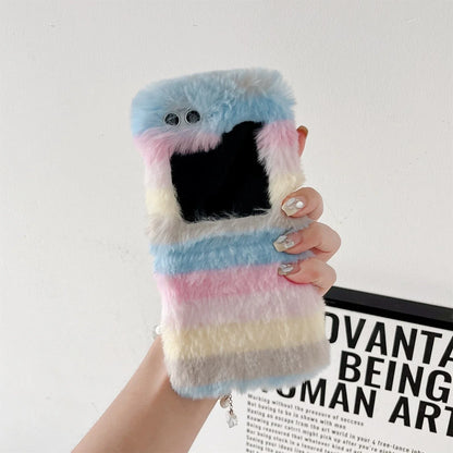 Cute Fluffy Fur Rainbow Pattern Unbreakable Case for Samsung Galaxy Z Flip 4 / 5 / 6 / 7