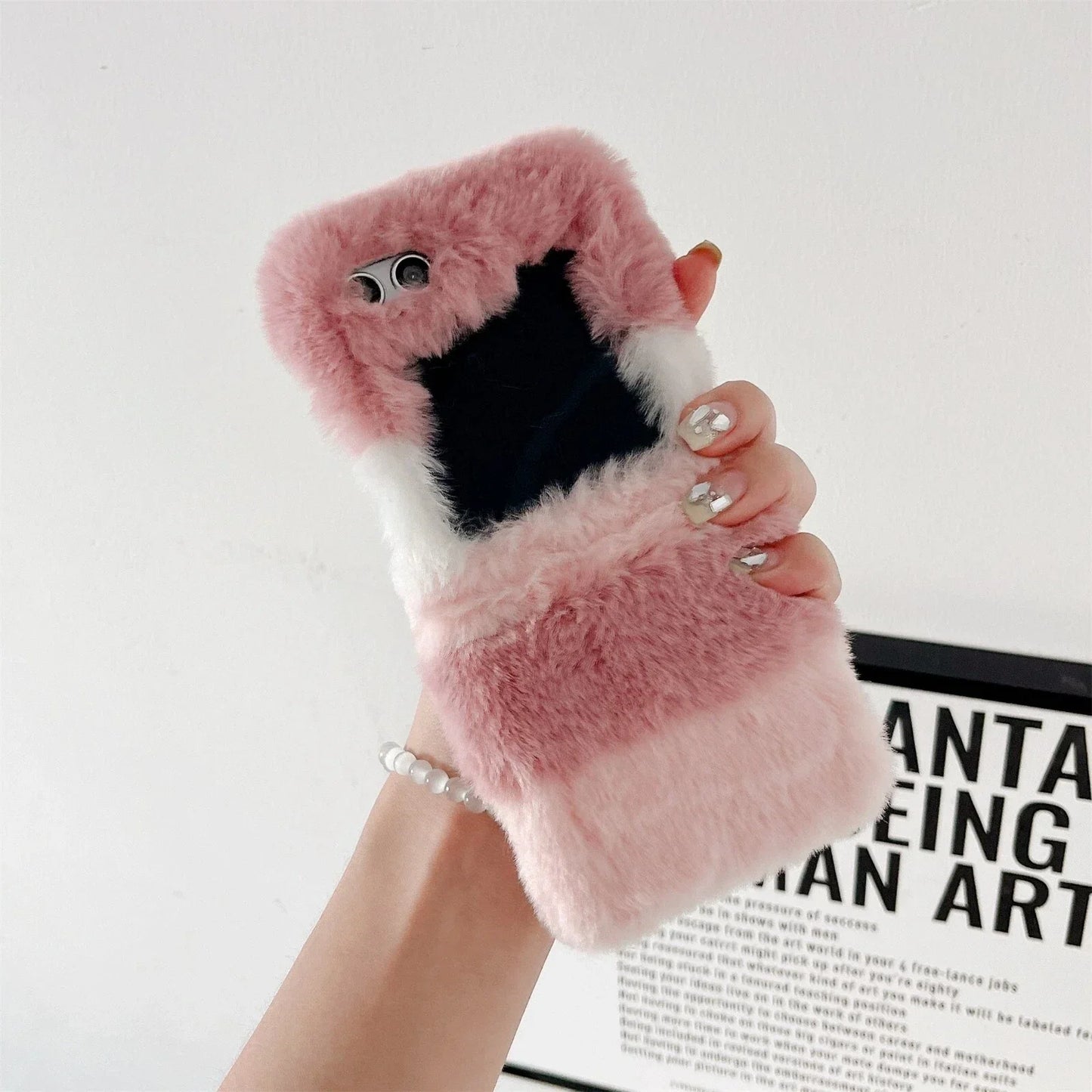 Cute Fluffy Fur Rainbow Pattern Unbreakable Case for Samsung Galaxy Z Flip 4 / 5 / 6 / 7