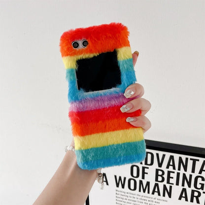 Cute Fluffy Fur Rainbow Pattern Unbreakable Case for Samsung Galaxy Z Flip 4 / 5 / 6 / 7