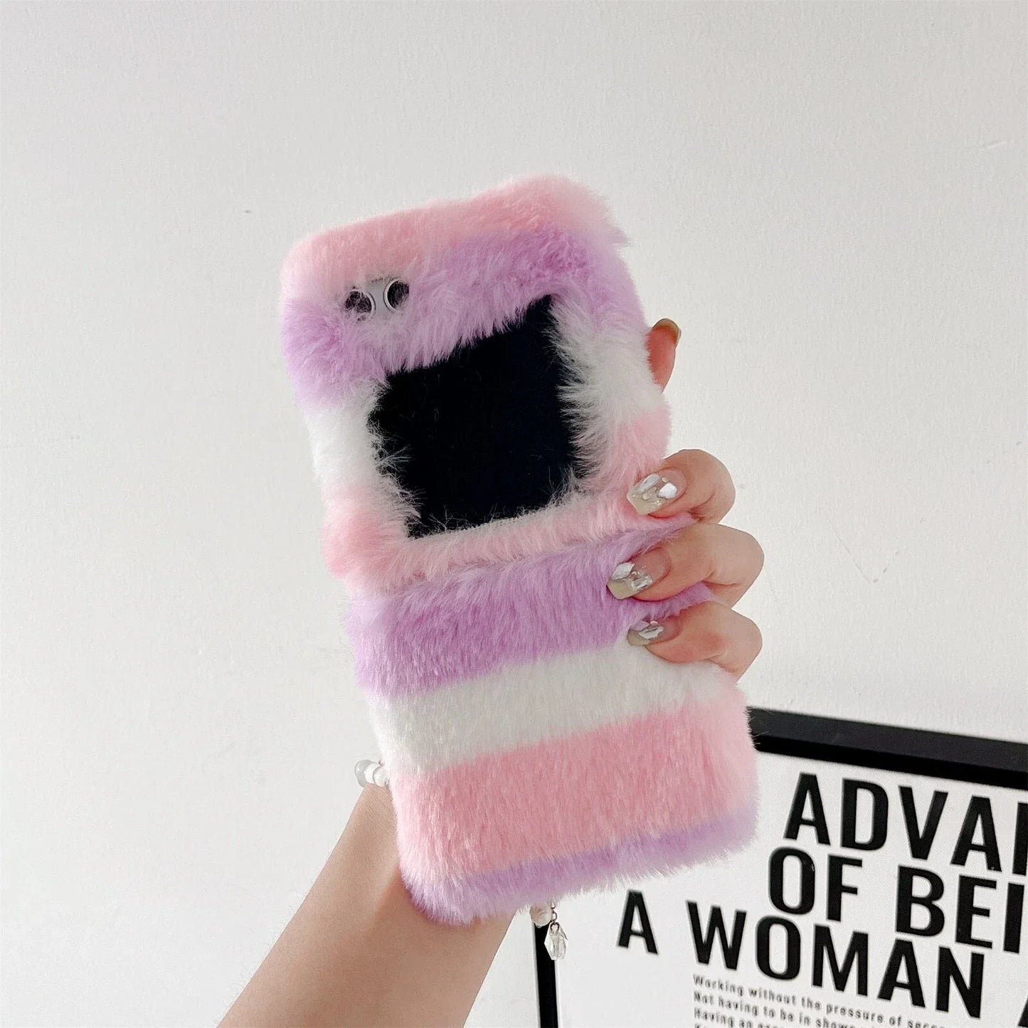 Cute Fluffy Fur Rainbow Pattern Unbreakable Case for Samsung Galaxy Z Flip 4 / 5 / 6 / 7