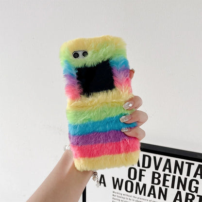 Cute Fluffy Fur Rainbow Pattern Unbreakable Case for Samsung Galaxy Z Flip 4 / 5 / 6 / 7