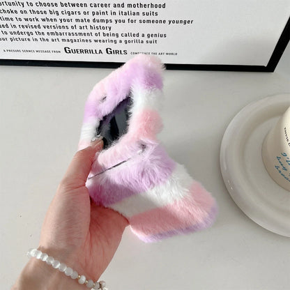 Cute Fluffy Fur Rainbow Pattern Unbreakable Case for Samsung Galaxy Z Flip 4 / 5 / 6 / 7