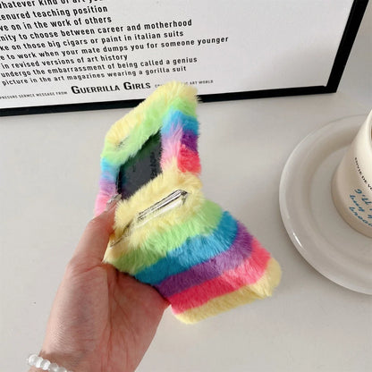 Cute Fluffy Fur Rainbow Pattern Unbreakable Case for Samsung Galaxy Z Flip 4 / 5 / 6 / 7