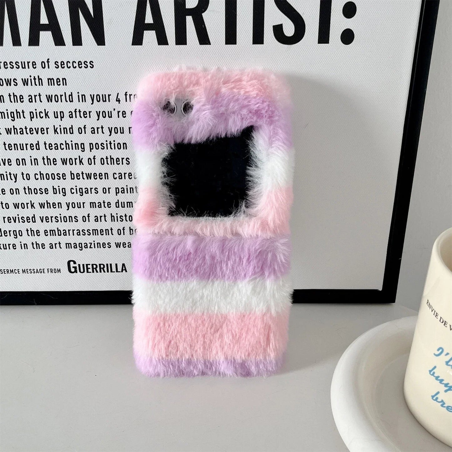 Cute Fluffy Fur Rainbow Pattern Unbreakable Case for Samsung Galaxy Z Flip 4 / 5 / 6 / 7